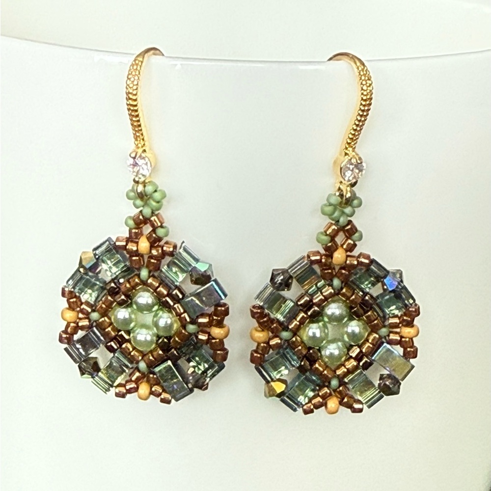 Handcrafted Beaded Earrings with Gold and Green Hues
